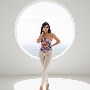 Colorful Strapless Top with Beige Pants